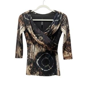 Y2K Black & Tan Tie Dye 3/4 Sleeve Tie Dye Top Size S